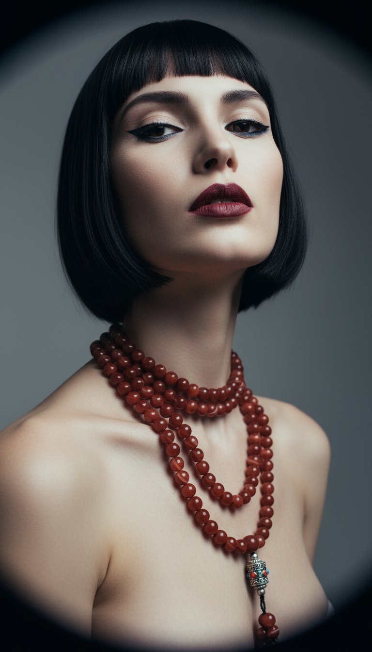 AI product shot of Red Dzi Beads Mala + Free Chant A Mantra Booklet