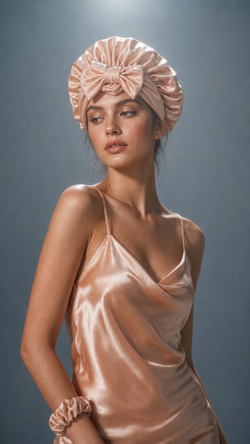 AI product shot of Kit Setavera – Bonnet, Heatless Curler e Scrunchie in Seta Mulberry 22 Momme