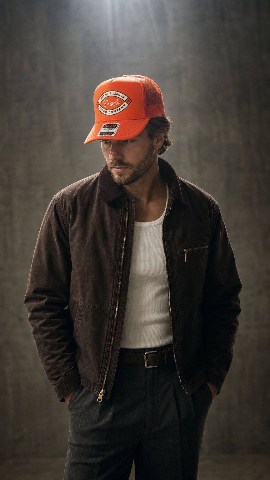 AI product shot of The Brolo Trucker *EMBER*