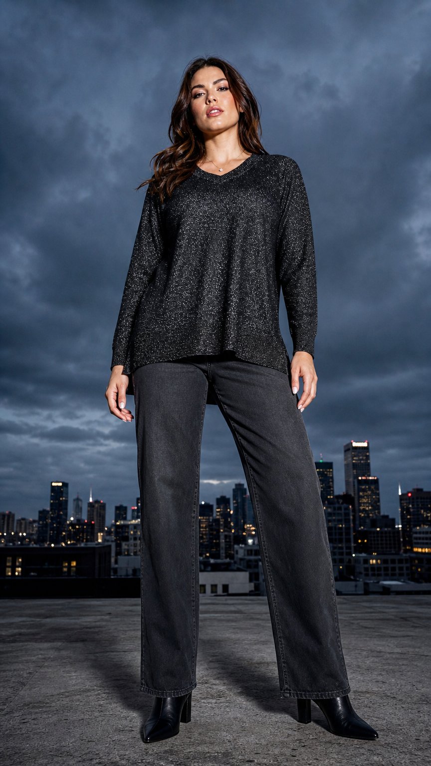 AI product shot of BEME Lurex Long Sleeve Knit Top Plus Size 20 (L) Black New RRP $95 🌟 Stunning🌟