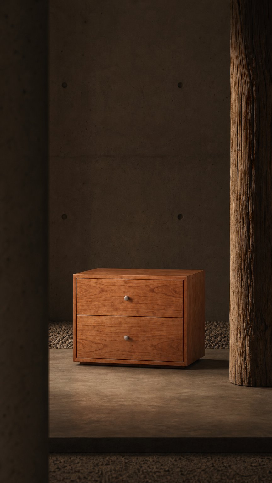 AI product shot of Minimalist Solid Cherry Bedside Table / Nightstand with 2 Drawers