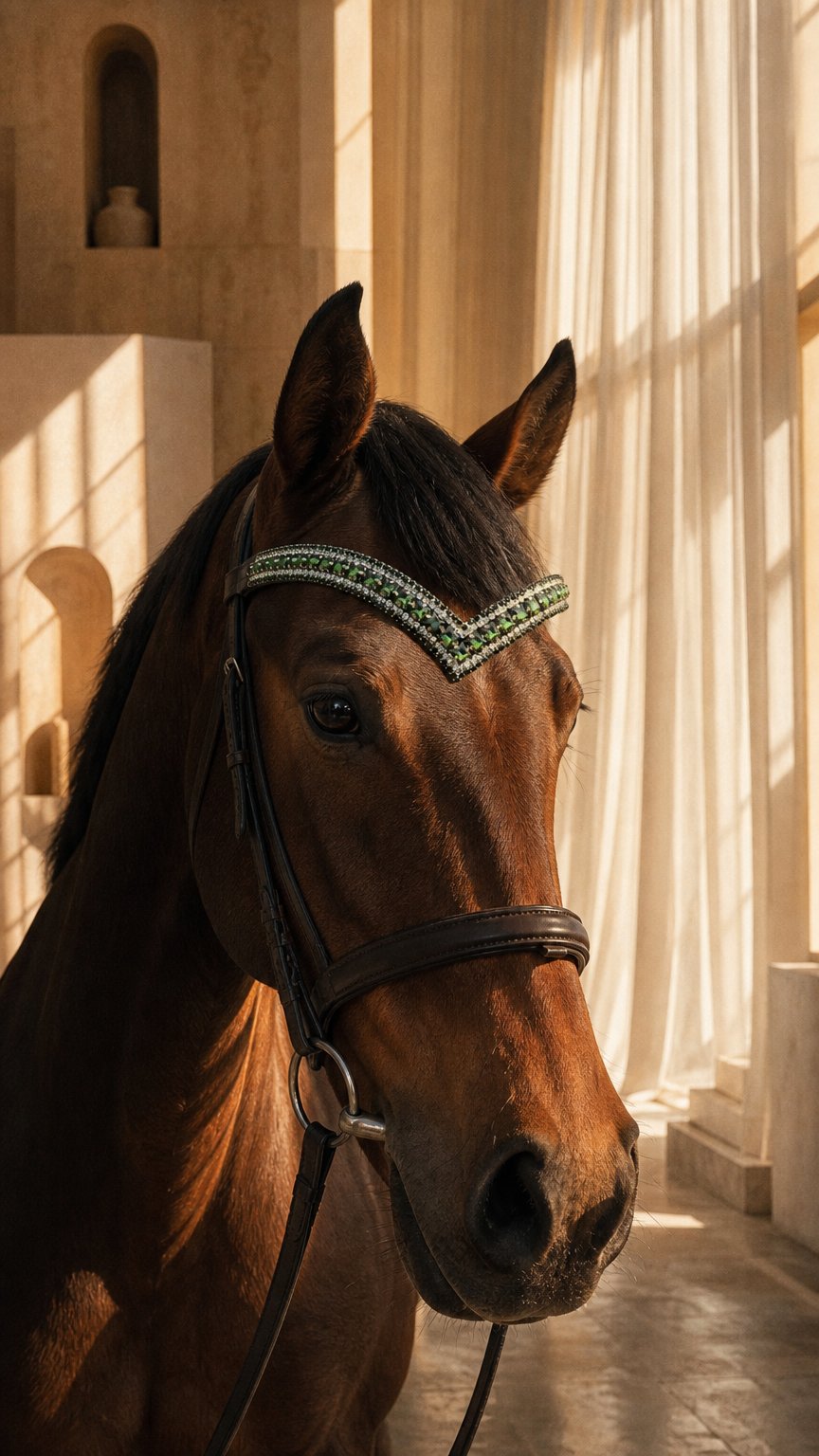 AI product shot of Sparkly 5 Row Crystal Browband for Horses: V Shape Green Square crystal