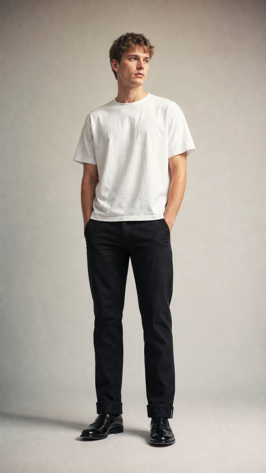 AI product shot of Weird Guy - Selvedge Slacks Black