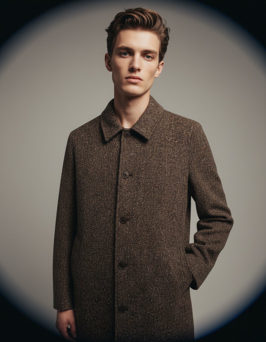 AI product shot of Stan - Brown Fleck Italian Tweed Car Coat