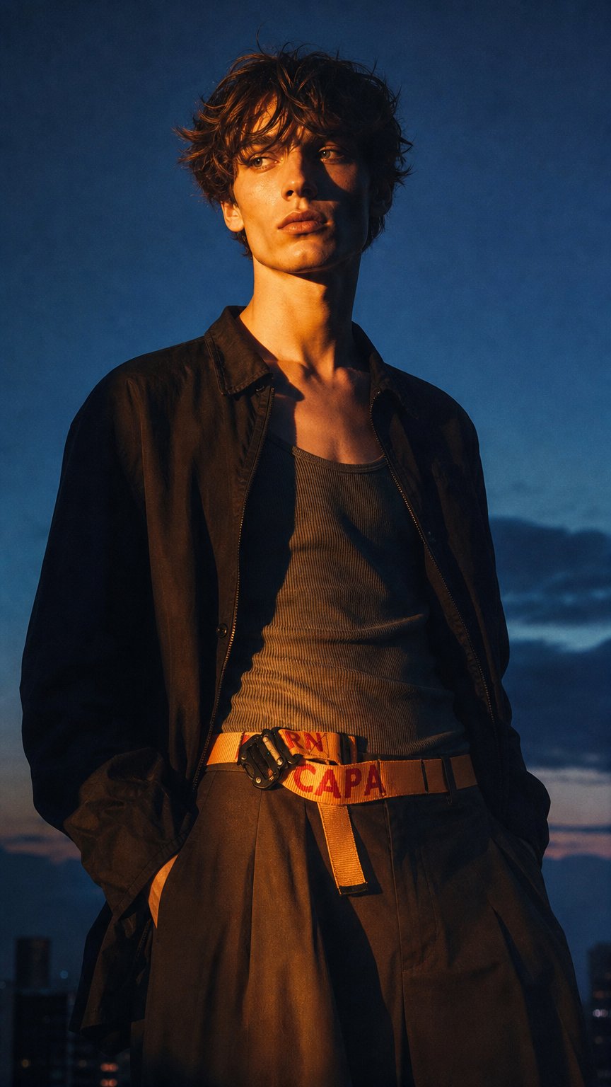 AI product shot of Upcycled Belt In Orange China Cargo Straps With Black Cobra Buckle 2"
