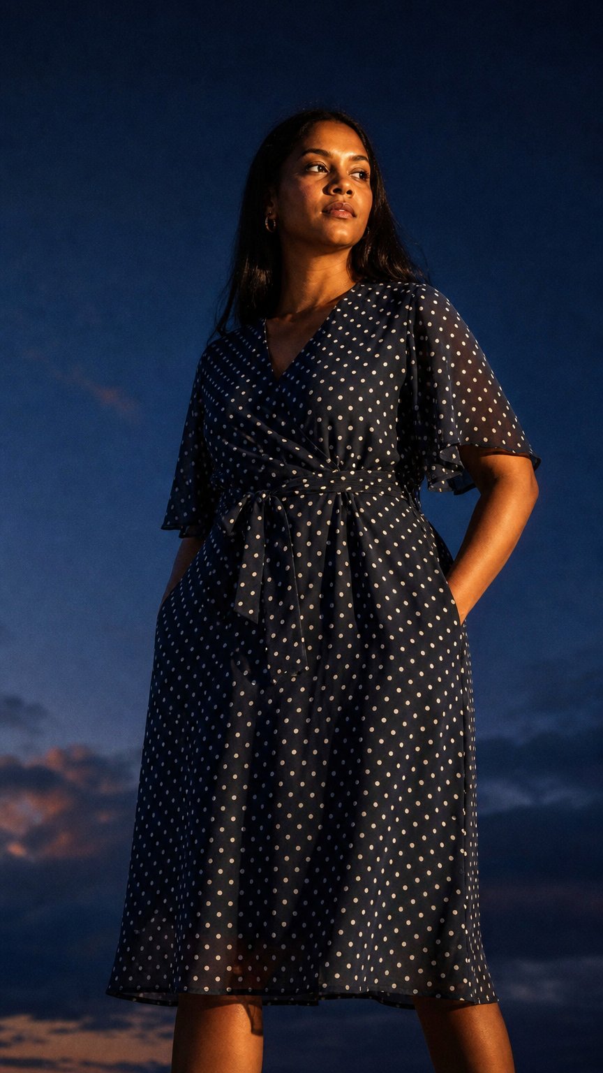 AI product shot of Belted polka dot faux half wrap dress