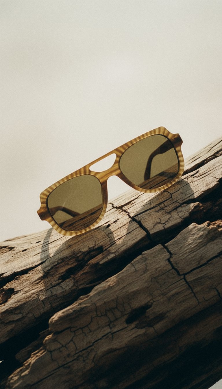 AI product shot of Sustainable sunglasses made from discarded oyster shells