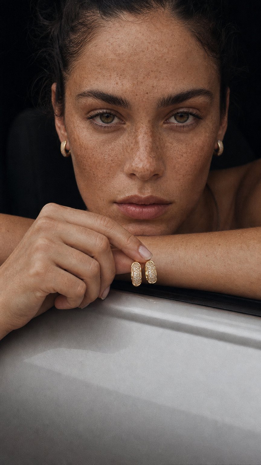 AI product shot of Champagne Brown Diamond Huggie Hoop Earrings, Chunky Pavé Hoops in 14K Gold Vermeil Sterling Silver, Natural Diamond Earrings