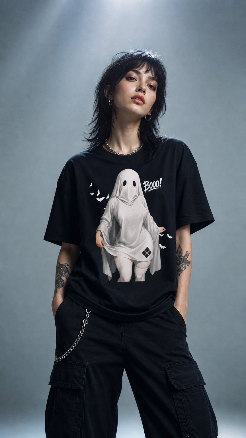 AI product shot of "Ghost Baddie" Premium Tee