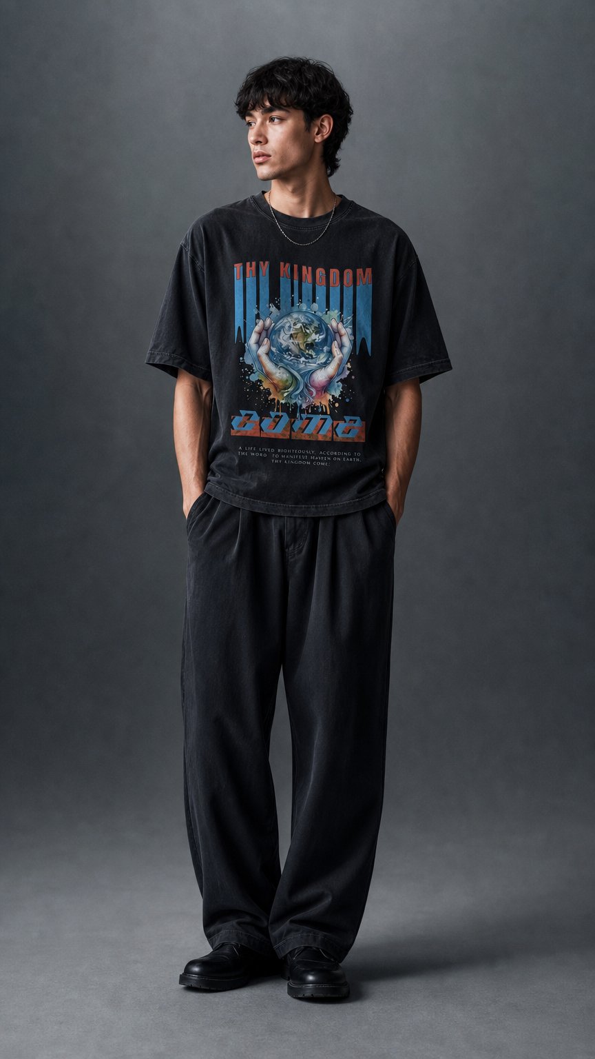 AI product shot of THY KINGDOM - (Vintage Washed Oversized Cotton T-Shirt)