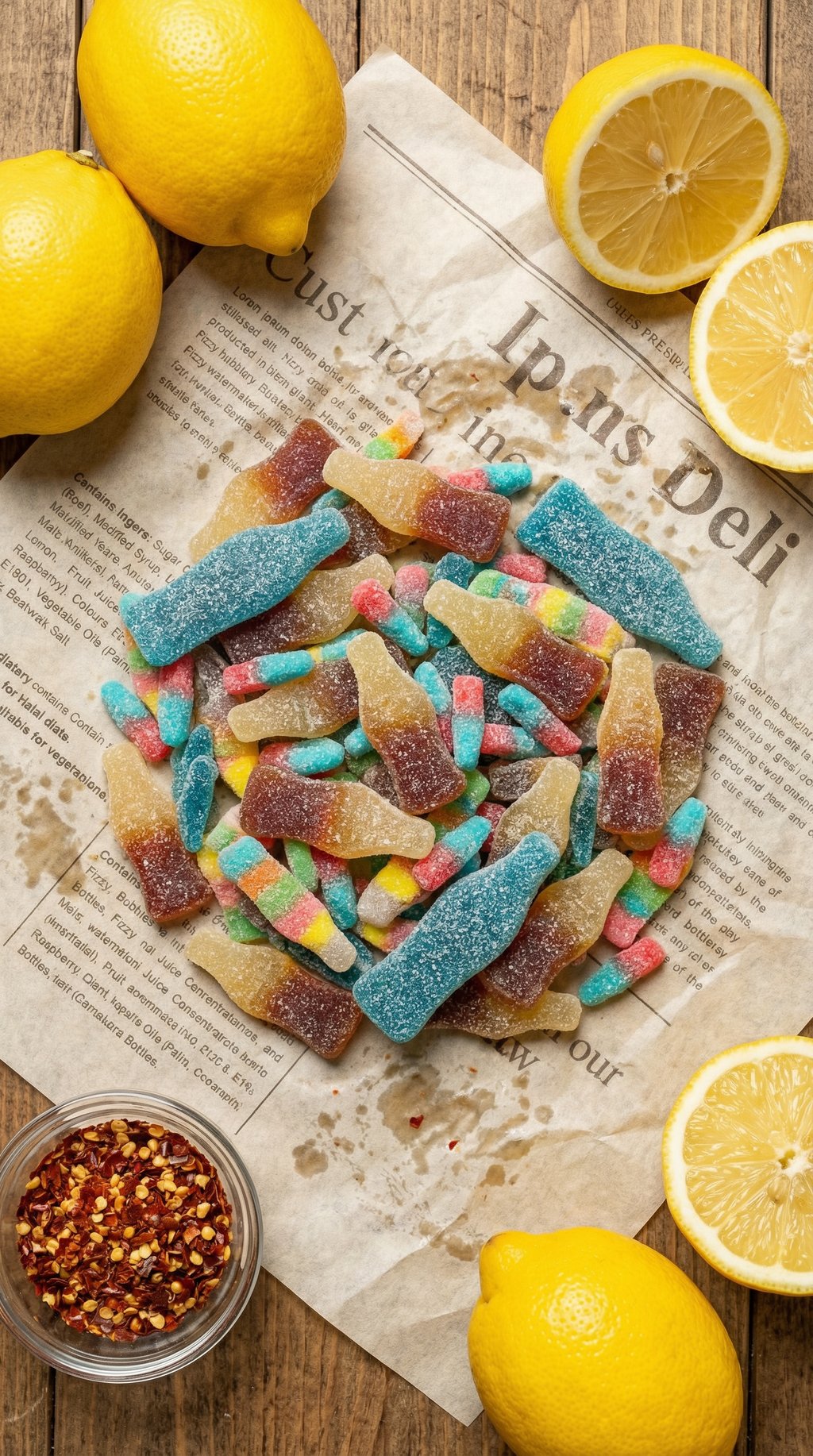 AI product shot of Bottles Mix – 1kg Signature Sweet Bag | Cola, Bubblegum & Raspberry Bottles