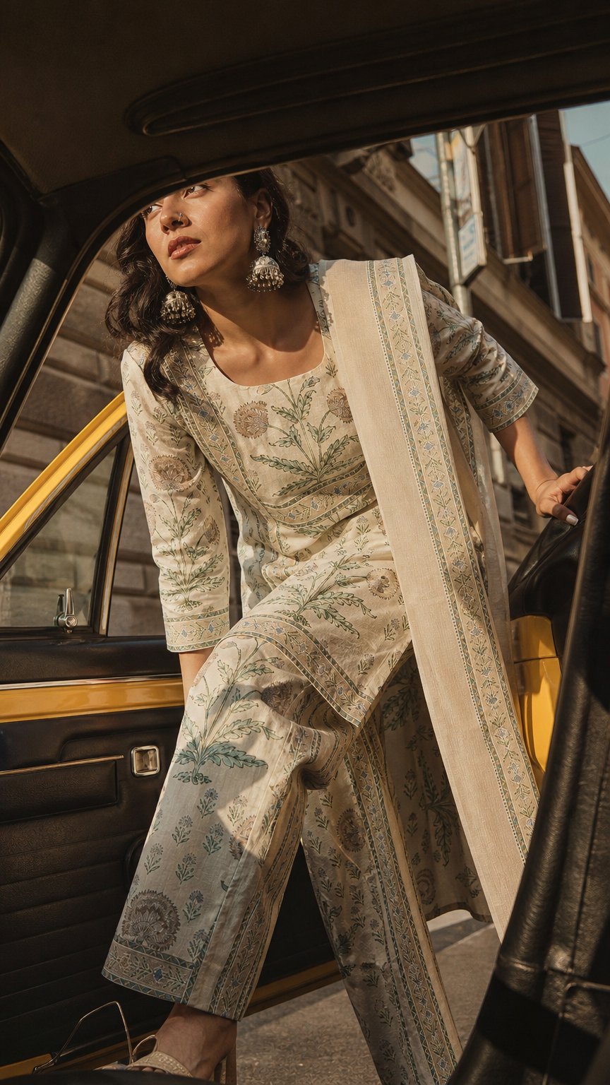 AI product shot of Cotton Printed Calf Length Round Neck Straight Kurta, Palazzo With Dupatta Set