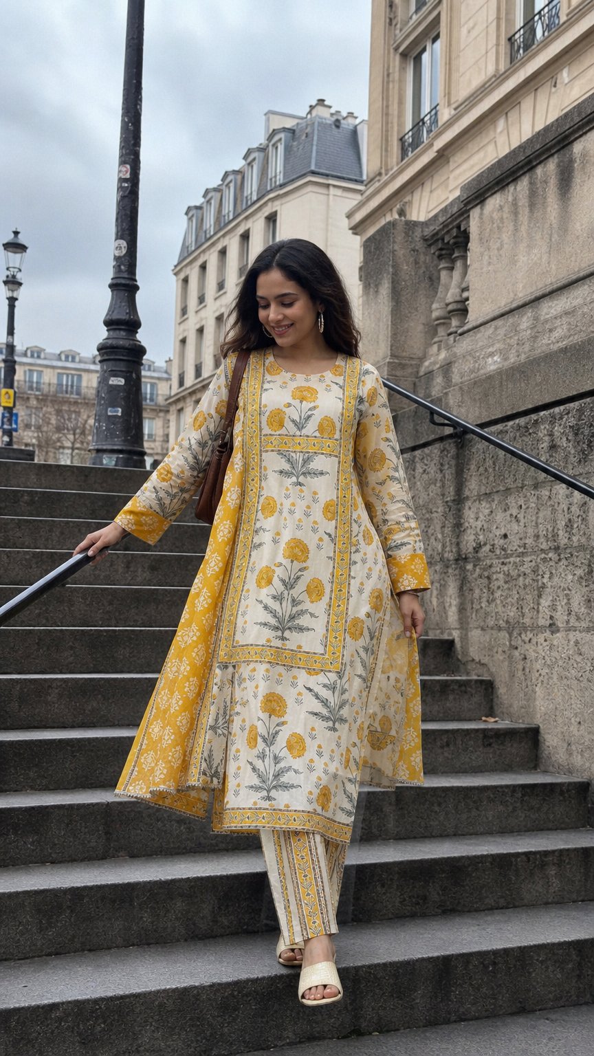 AI product shot of Cotton Printed Calf Length Round Neck Straight Kurta, Palazzo With Dupatta Set