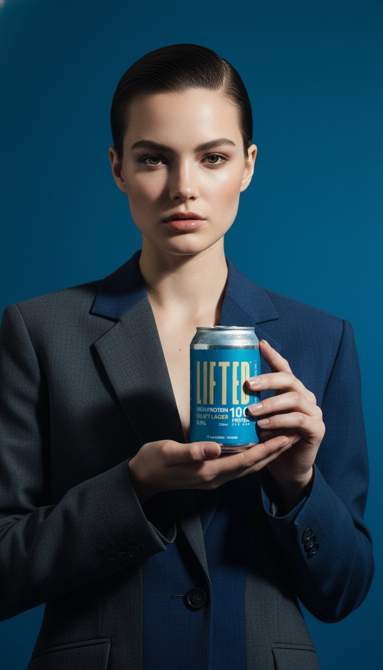 AI product shot of Lifted - Beer for Athletes. 0.0% Alcohol. 10g Protein - 12 pack x 330ml