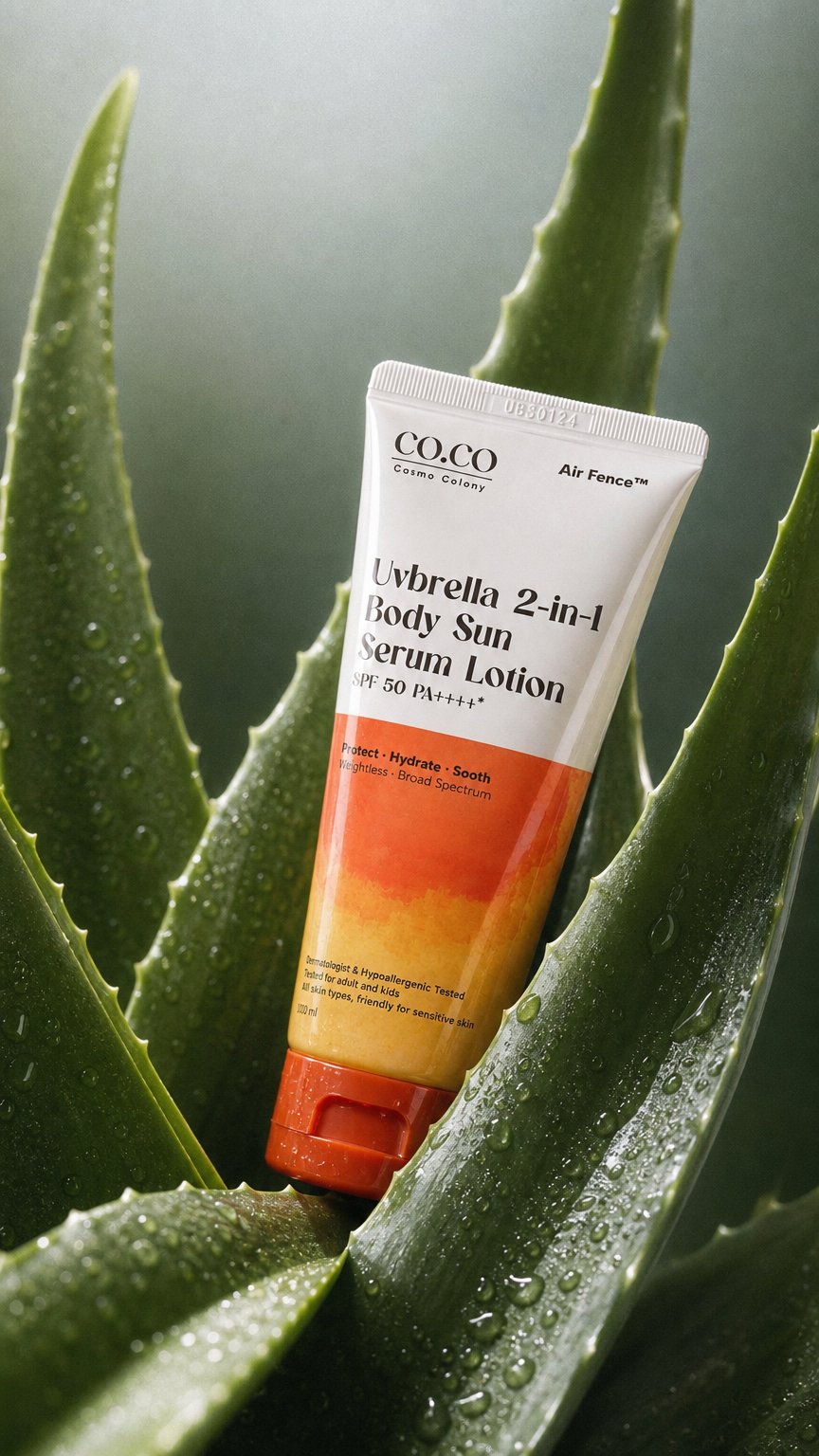 AI product shot of Uvbrella 2-in-1 Body Sun Serum Lotion SPF 50 PA++++