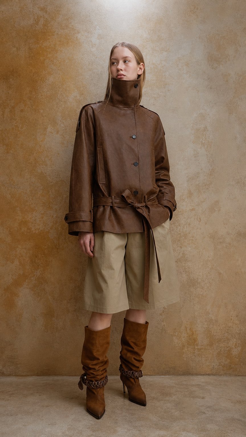 AI product shot of HIGH NECK LEATHER JACKET_BROWN