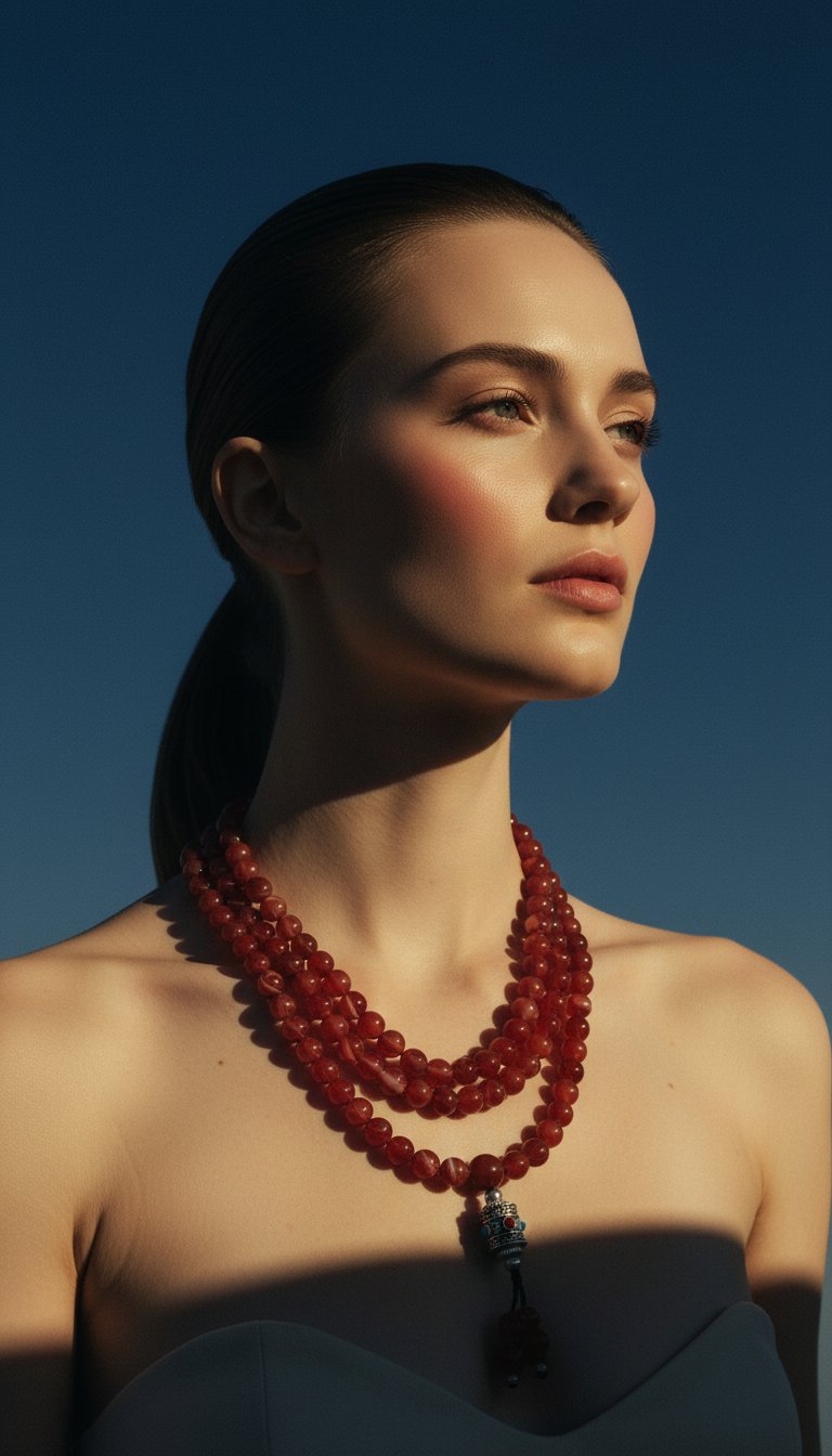 AI product shot of Red Dzi Beads Mala + Free Chant A Mantra Booklet