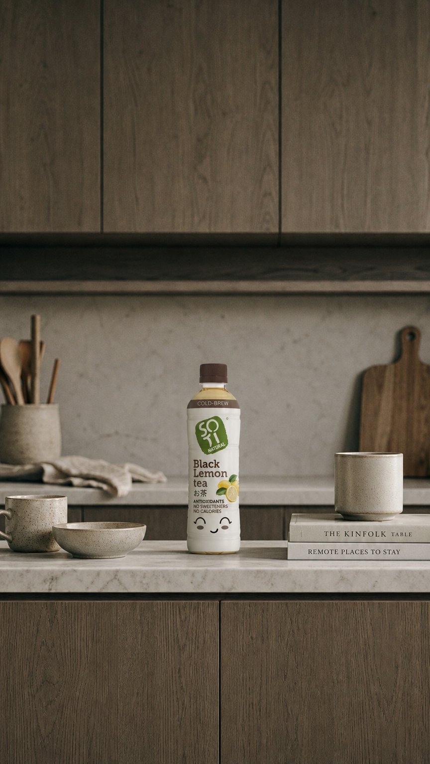 AI product shot of Black Tea Lemon 500 ml x 144 recycled bottles