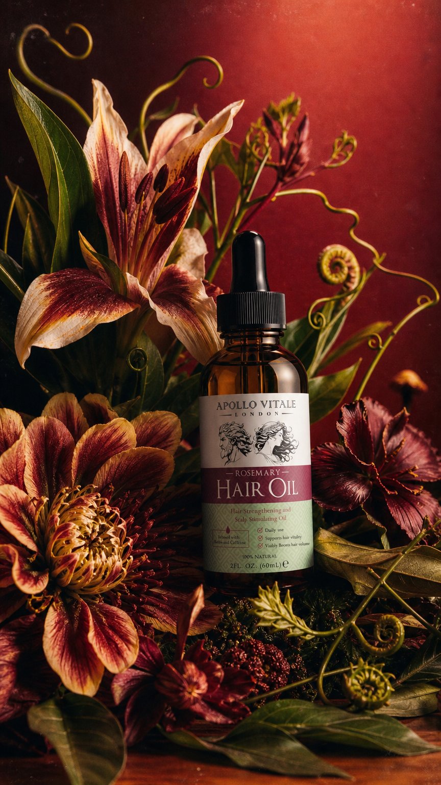 AI product shot of Apollo Vitale Rosemary Hair Oil