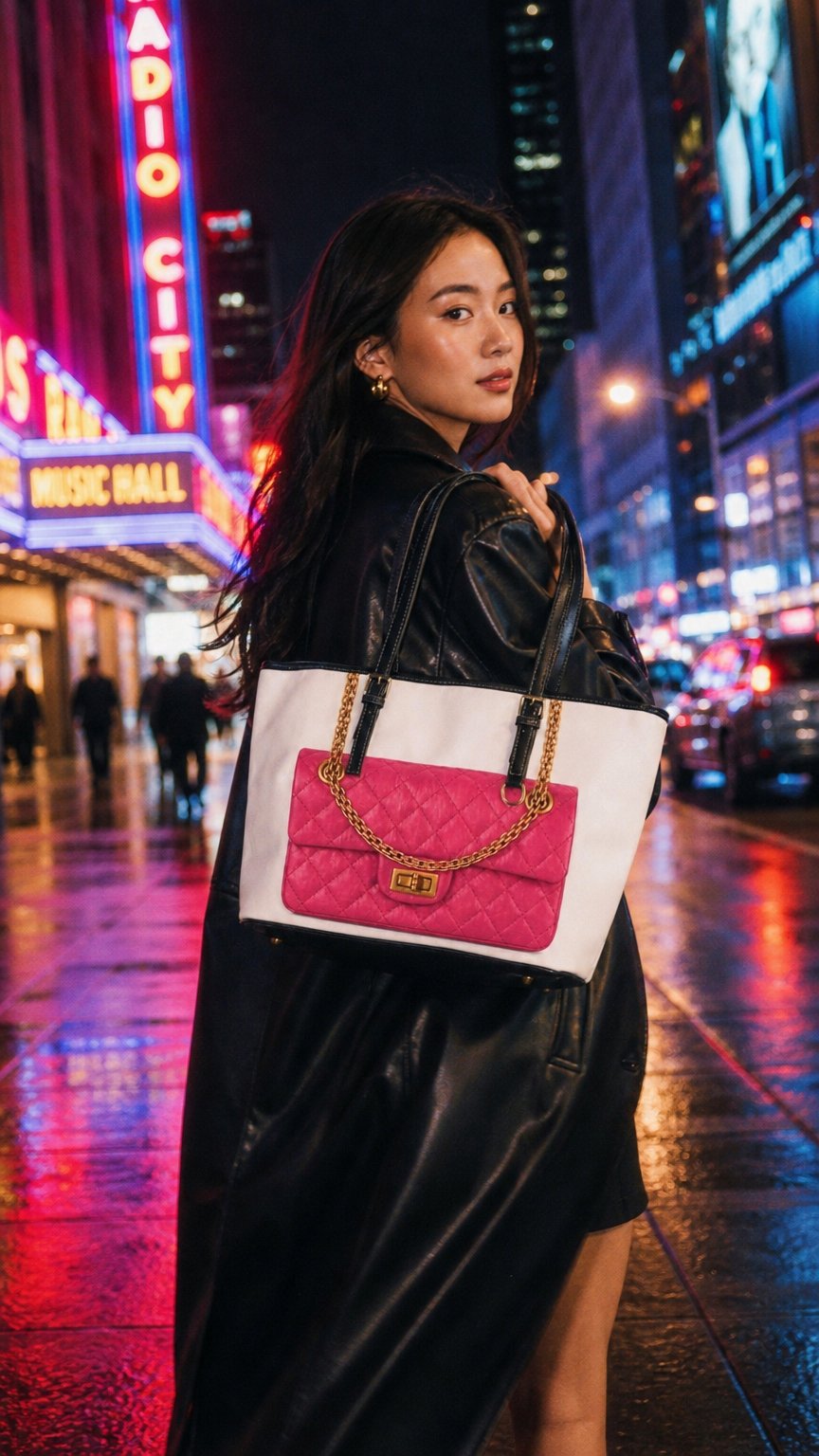 AI product shot of Pink Quilted Trompe LOeil Tote Bag, Luxury Inspired Chain Purse Print Tote, Fashion Statement Shoulder Bag, Chic Everyday Carryall