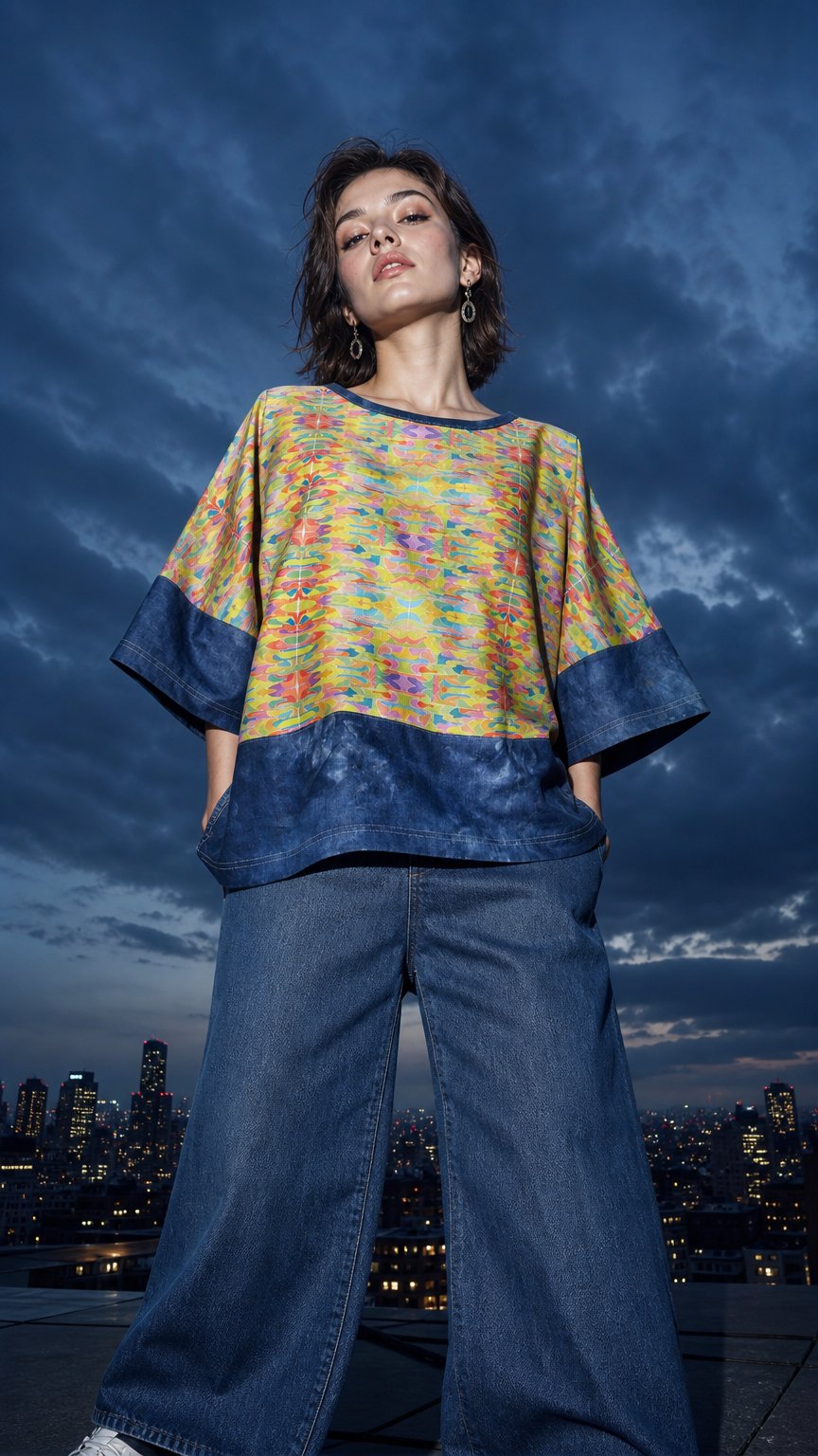 AI product shot of Art Top - Rainbow watercolour with Indigo - Small