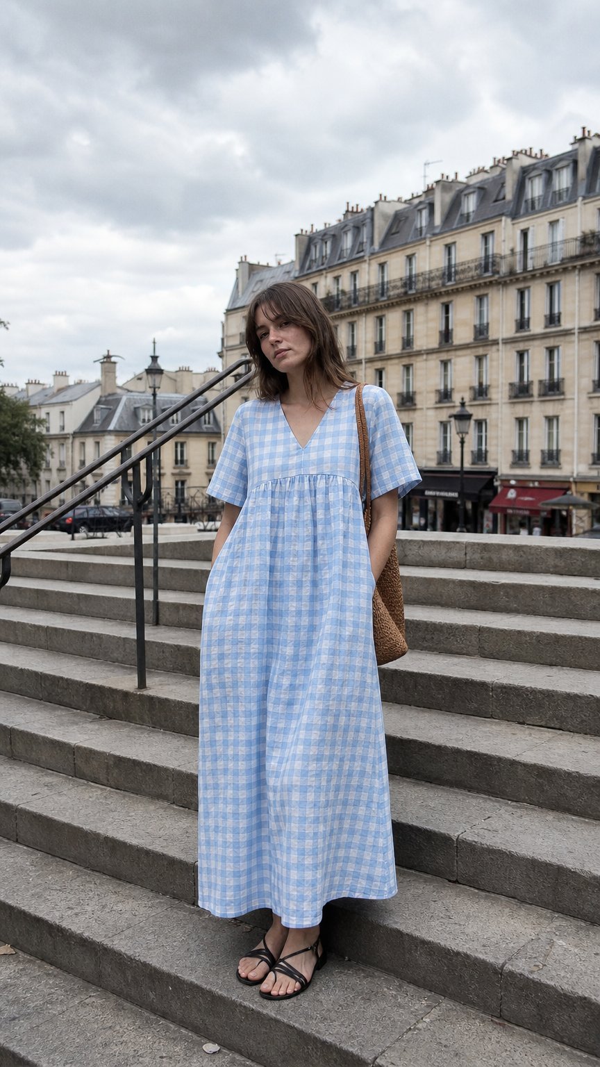 AI product shot of 8716G Gingham Baby Doll A-line Dress - Pale Blue