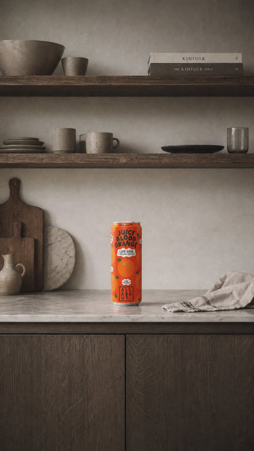 AI product shot of Blood Orange Live Soda