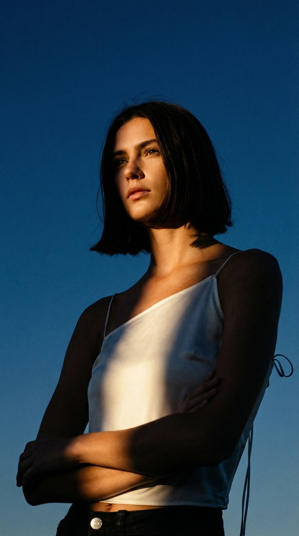AI product shot of Asymmetrical Silk Top- White
