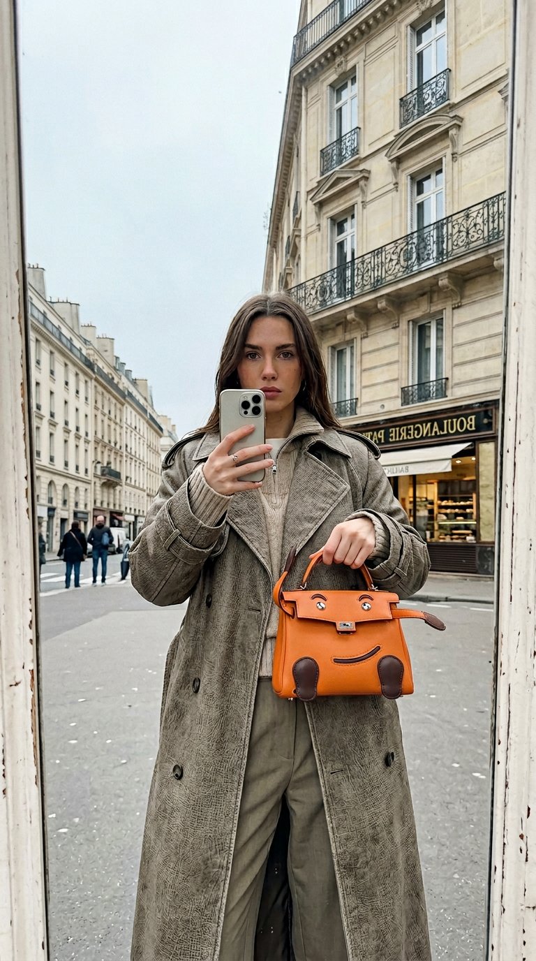 AI product shot of Hermès Kelly Doll Quelle Idole Orange H Gulliver Palladium Hardware