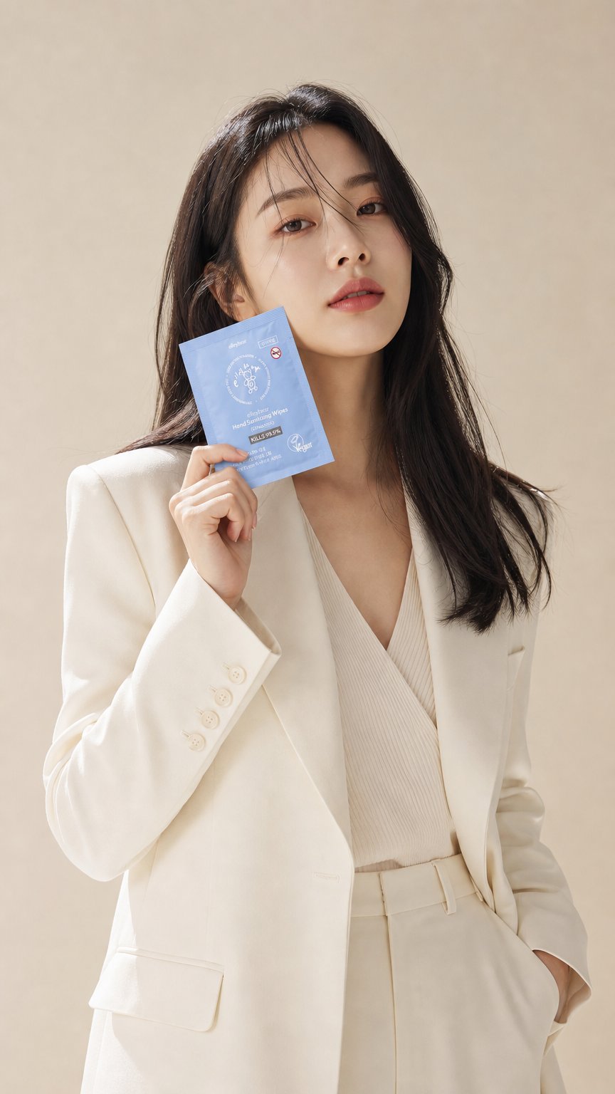 AI product shot of 엘리베어 휴대용 손소독 티슈 개별포장