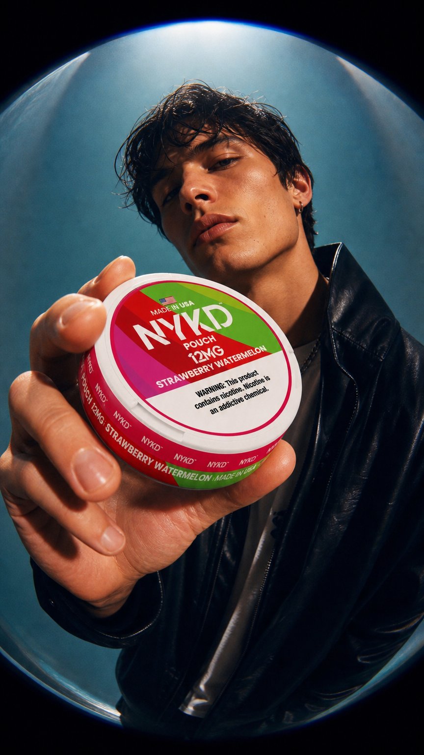 AI product shot of NYKD POUCH USA – Premium Nicotine Pouches – Strawberry Watermelon | Single Can
