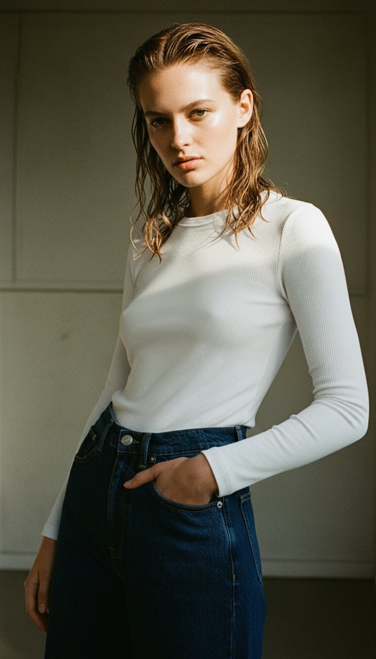 AI product shot of Jeans femme wide leg Wyde Sara Stone Indigo