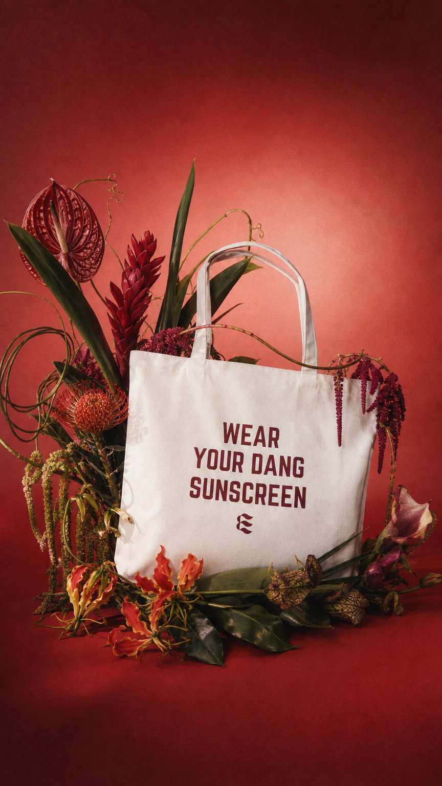 AI product shot of WEAR YOUR DANG SUNSCREEN TOTE BAG - Durable Canvas Tote with Inner Pocket