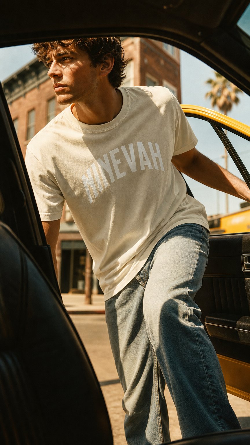 AI product shot of Ninevah Beach SANS Community Heritage Tee