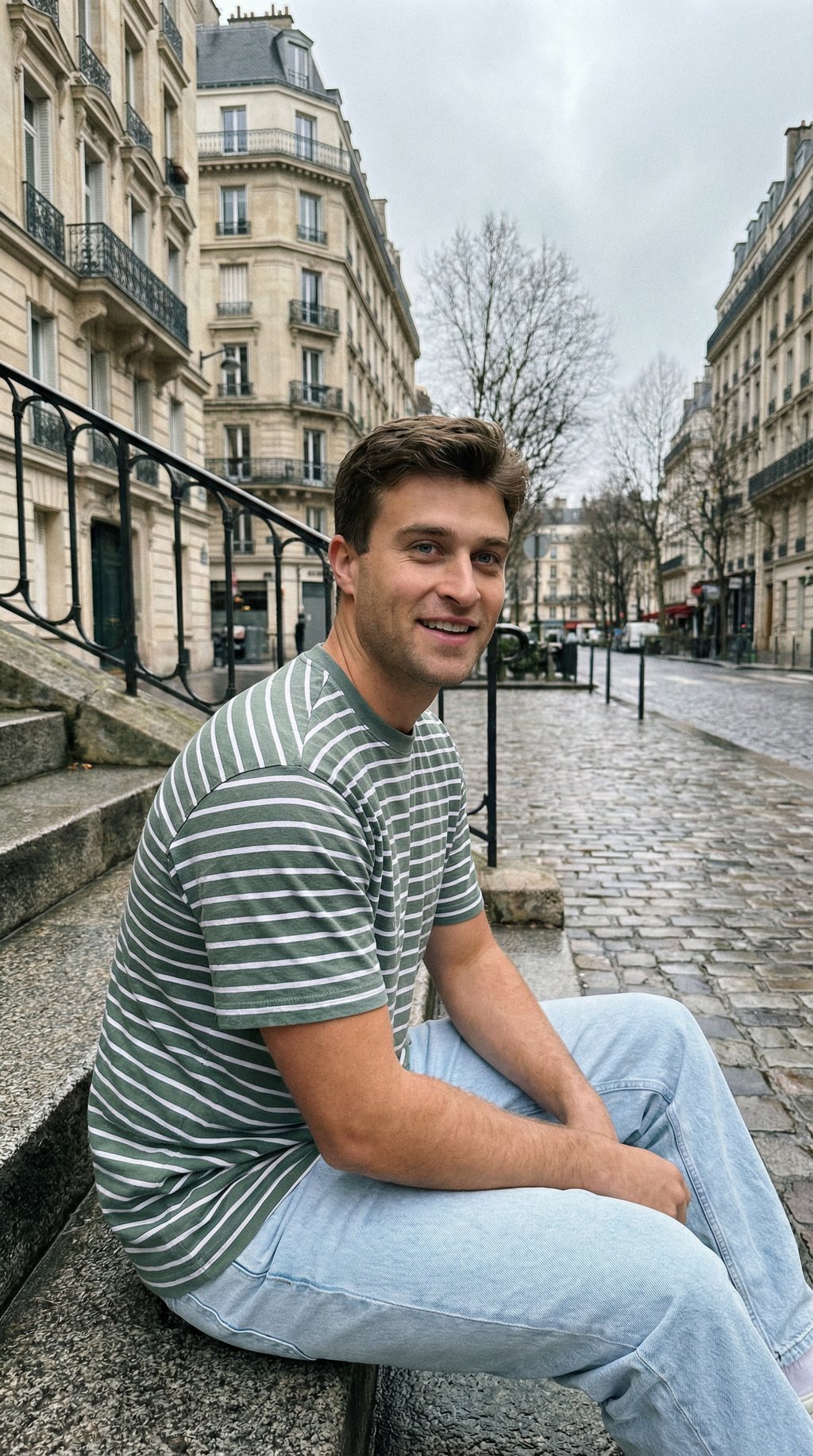 AI product shot of Louis Stripe T Shirt Sage