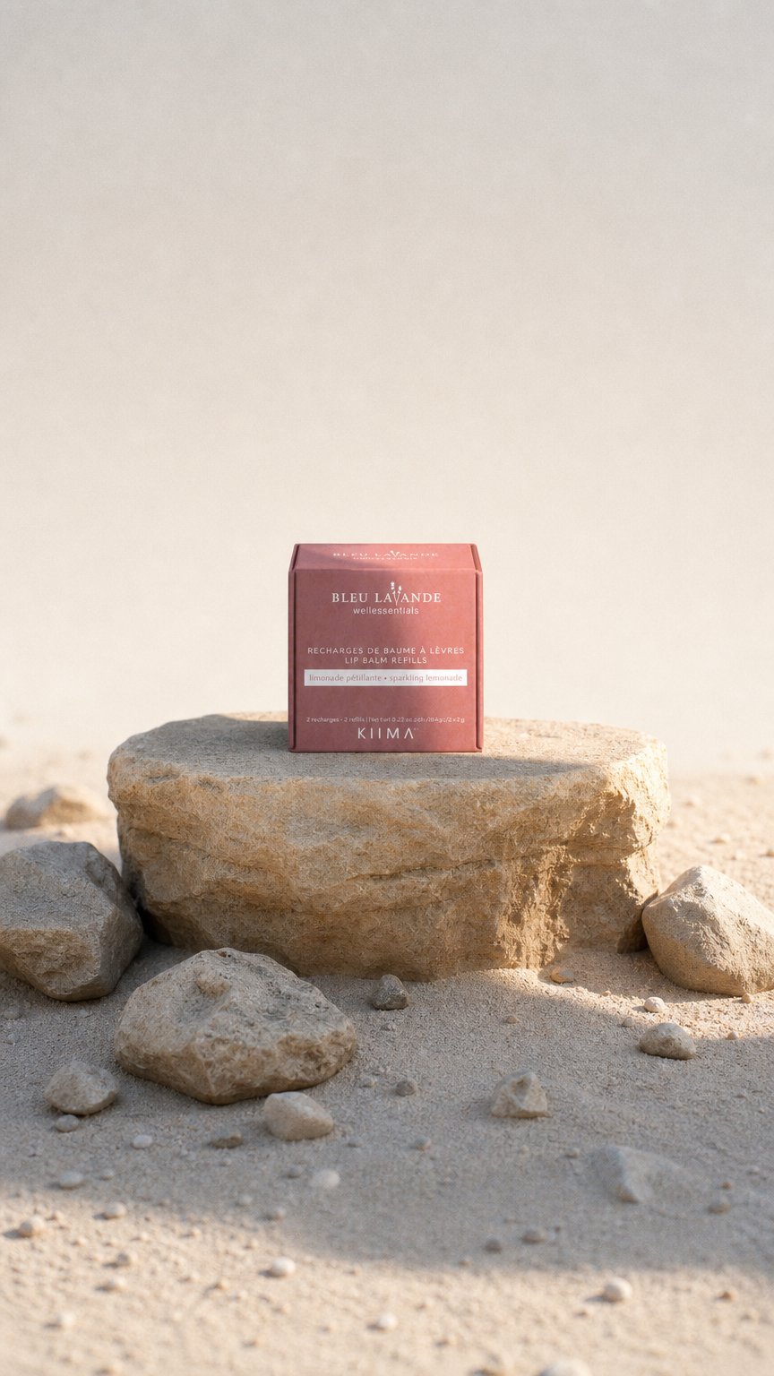 AI product shot of Bleu Lavande lip balm refills - Sparkling lemonade