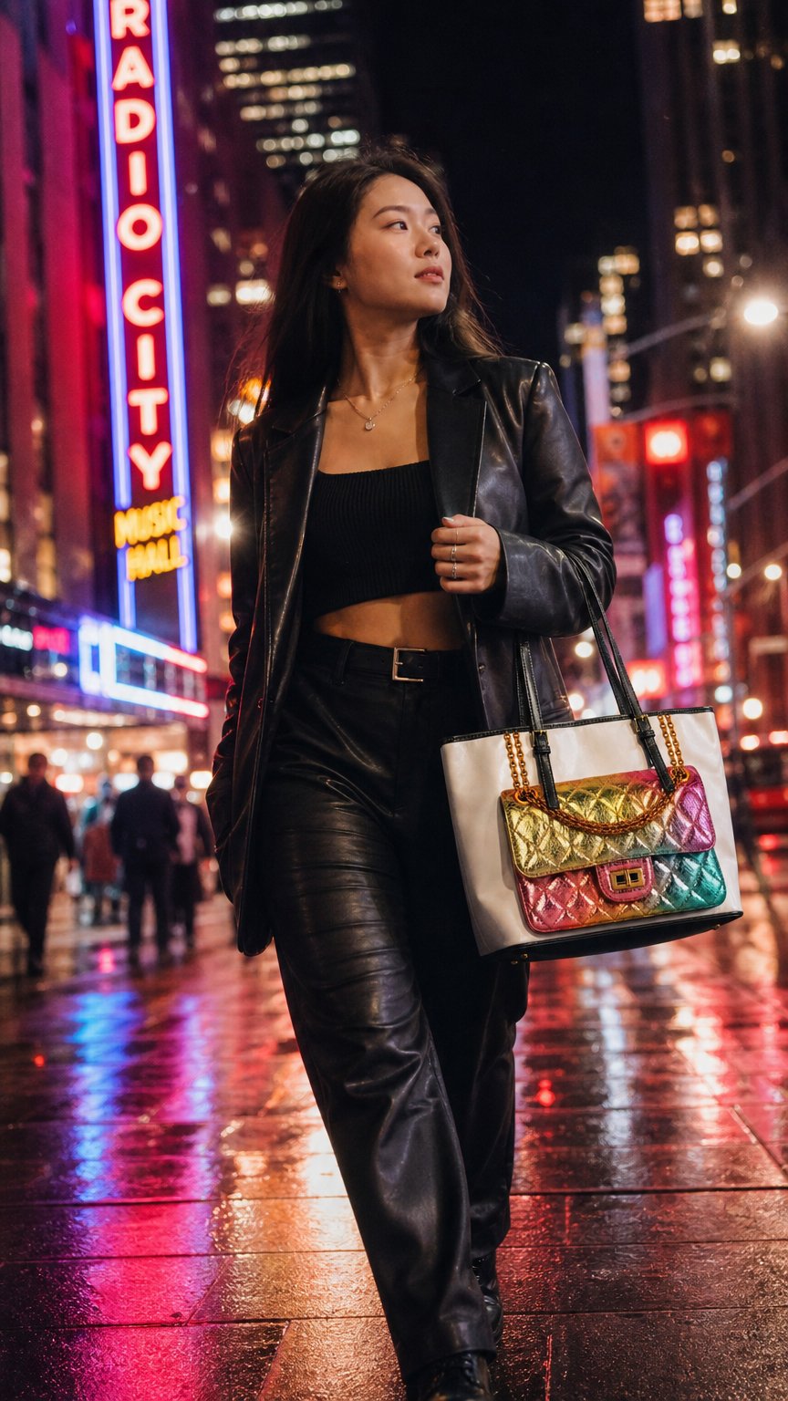 AI product shot of Rainbow Metallic Quilted Tote Bag, Colorful Chain Purse Print Tote, Luxe Fashion Art Handbag, Statement Shoulder Bag