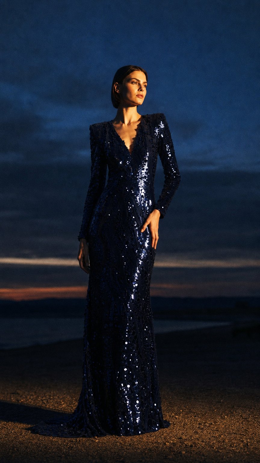AI product shot of MIDNIGHT VNECK GOWN