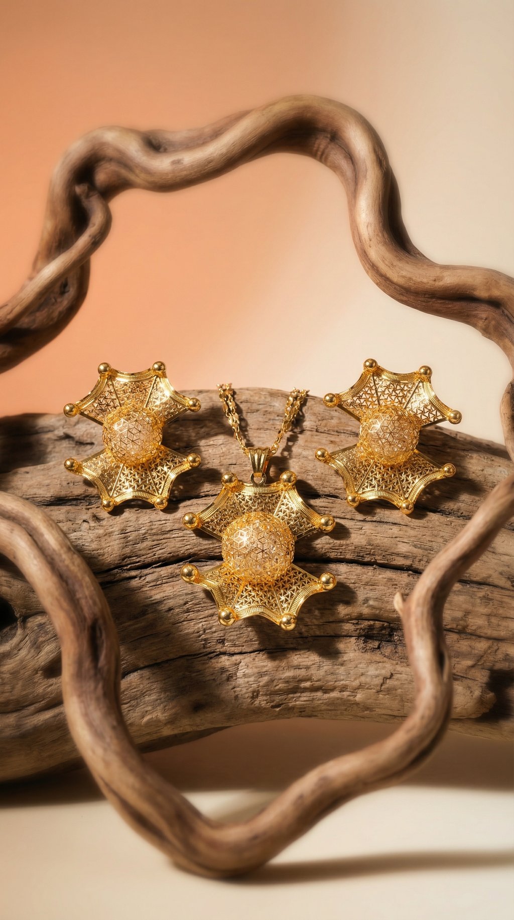 AI product shot of Ethiopian Starburst Filigree Jewelry Set