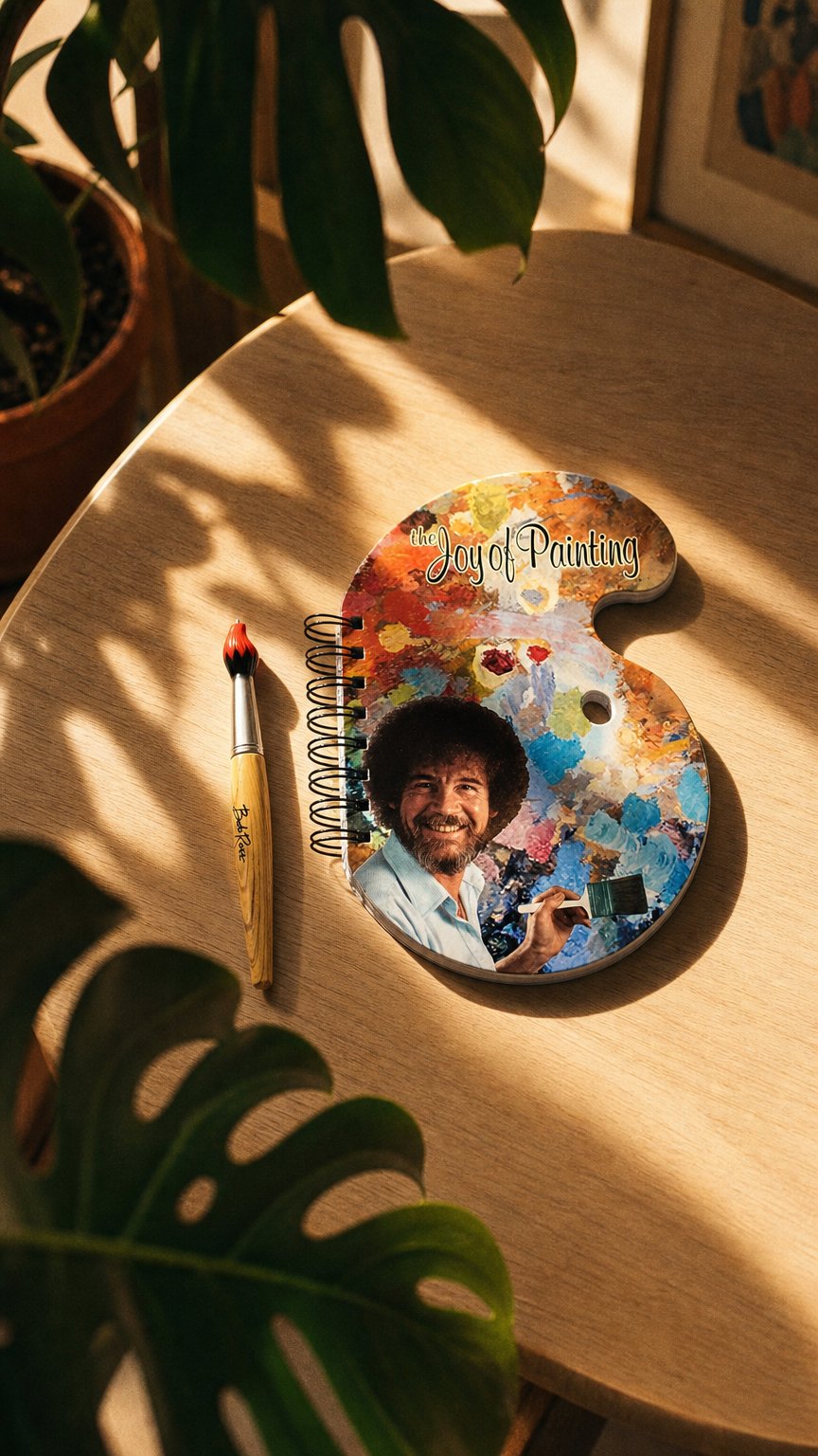 AI product shot of Bob Ross Paint Palette Journal & Brush Pen