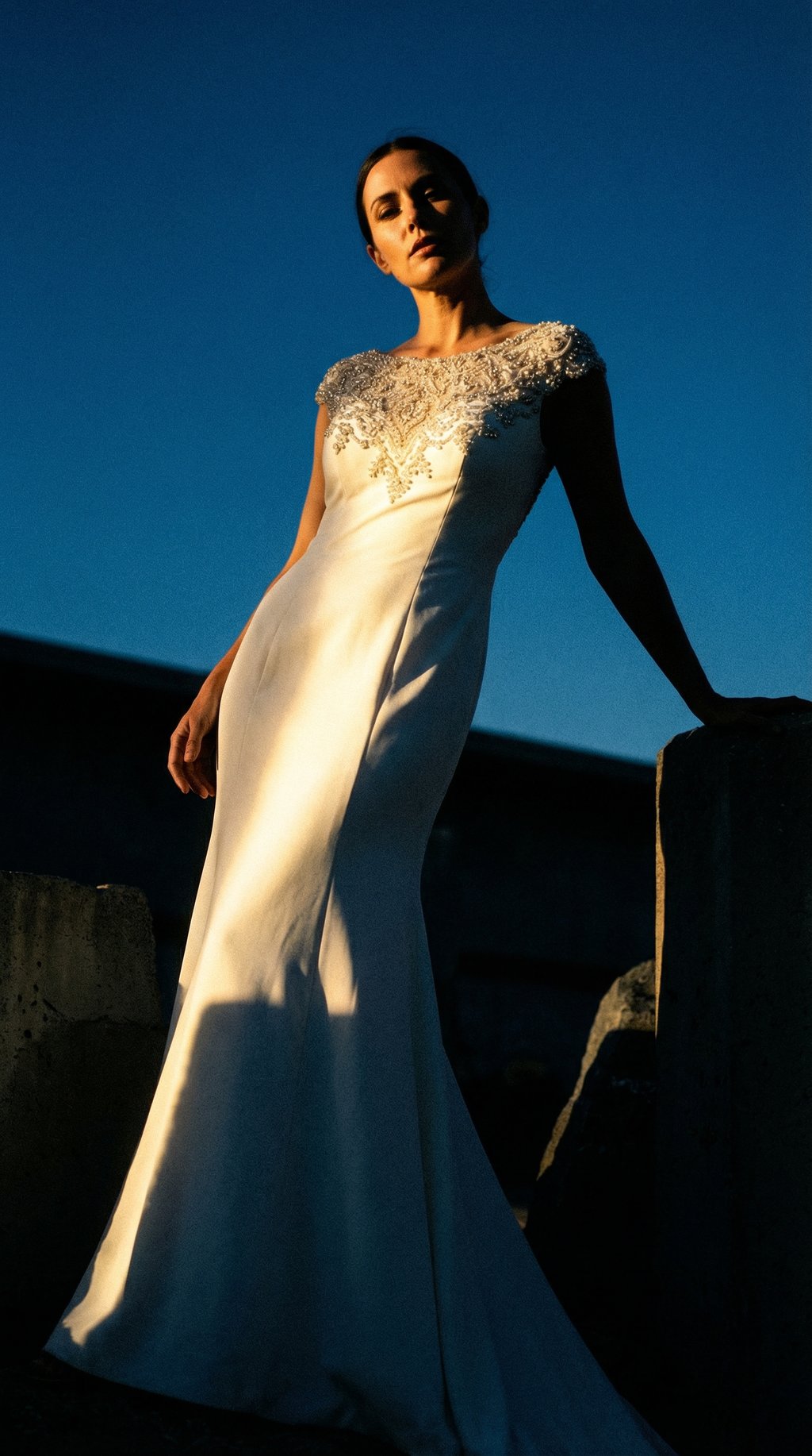 AI product shot of Sottero & Midgely Couture 8SC662 crepe and crystal wedding dress
