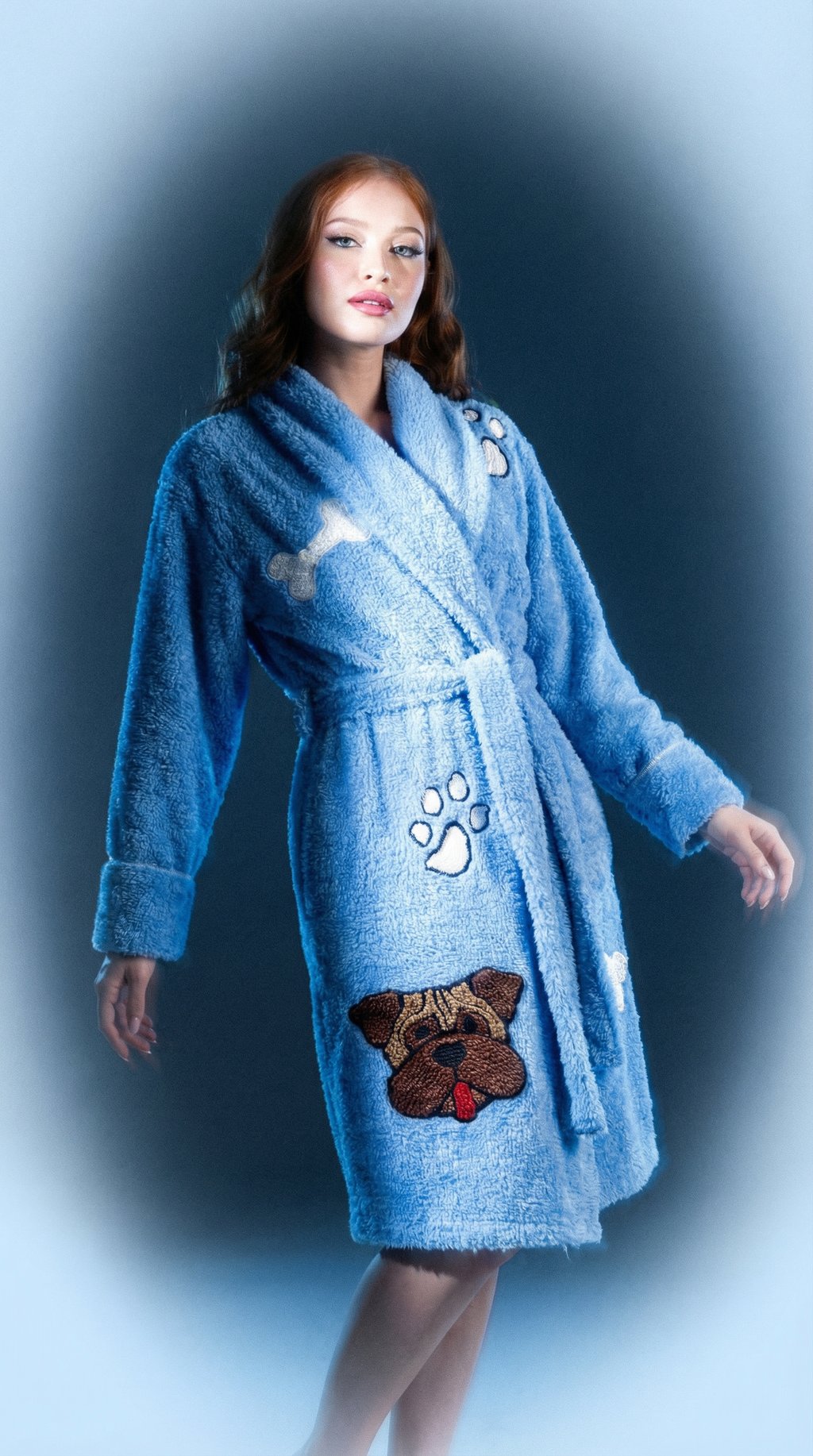 AI product shot of Puppy Love Dog chenille bathrobe 2025