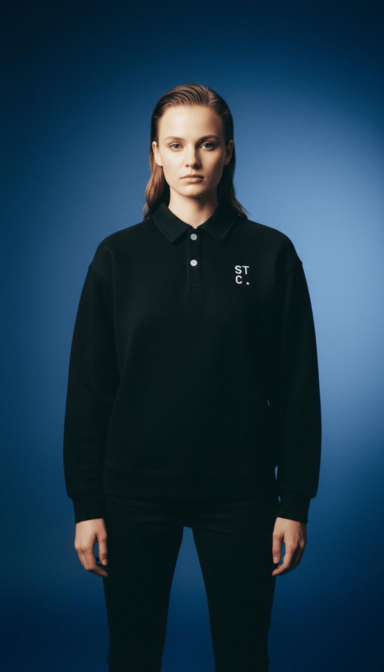 AI product shot of STC. Polo Sweatshirt – Heavyweight Polo-Collar Sweatshirt