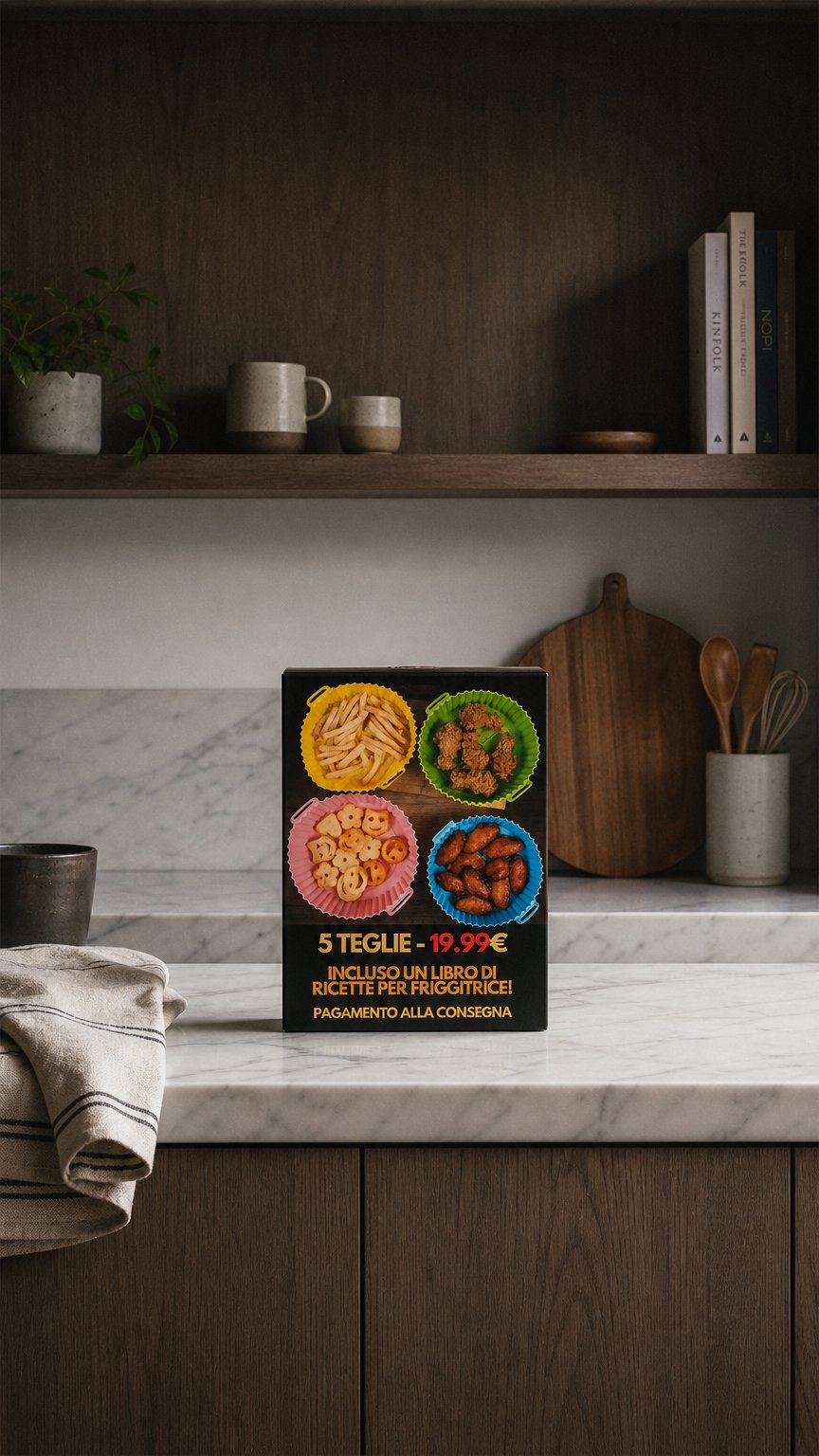 AI product shot of Teglie per Friggitrice ad Aria UNIVERSALI - Basta sporco! - INCLUSO LIBRO DI RICETTE PER FRIGGITRICE!