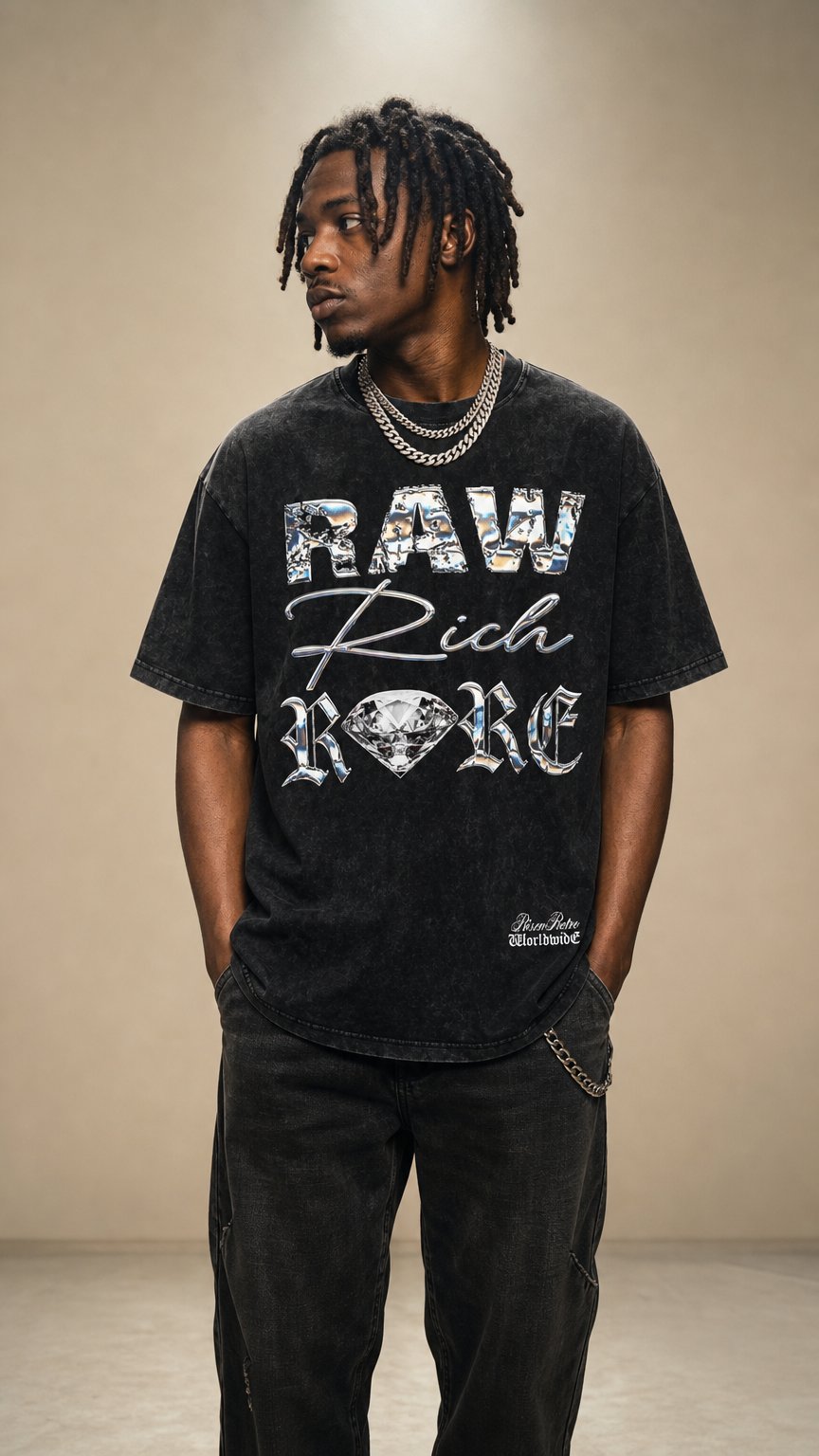 AI product shot of RAW RICH RARE x RISEN RETRO Snow Washed Oversized Cotton T-Shirt
