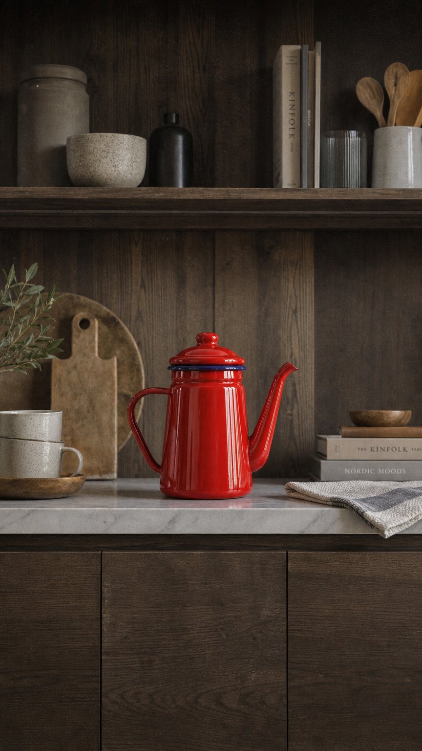 AI product shot of 1.1L Vintage Enamel Coffee Pot – Traditional Stove Top Coffee & Tea Pot | Available in Red or White