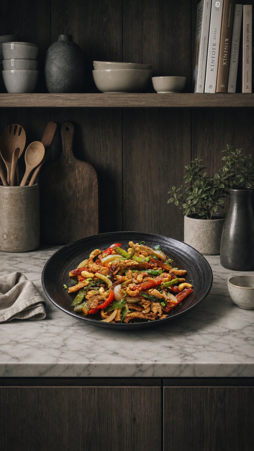 AI product shot of Chicken Cashew opskrift