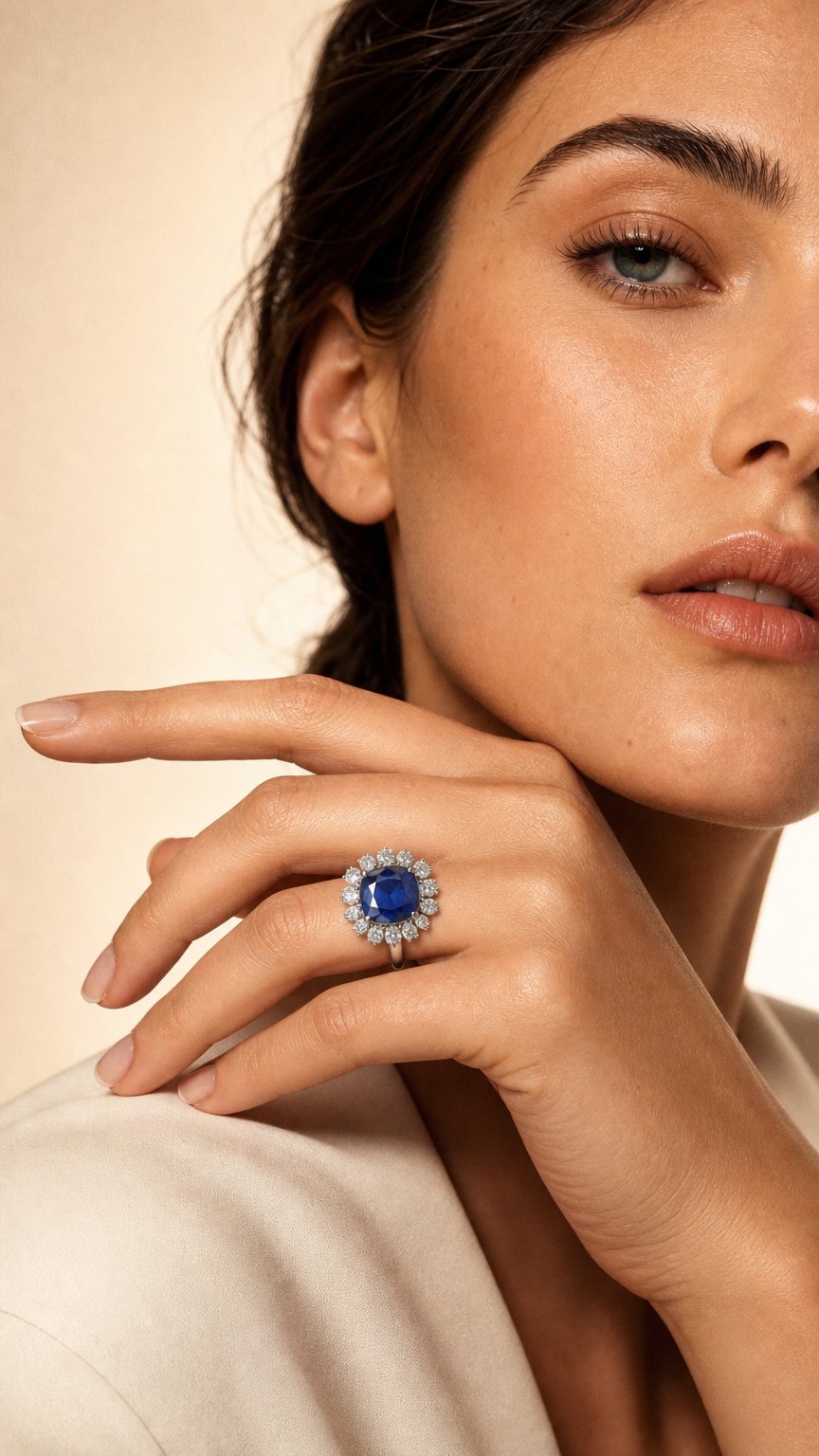 AI product shot of 18kt White Gold Ceylon Sapphire & Diamond Ring