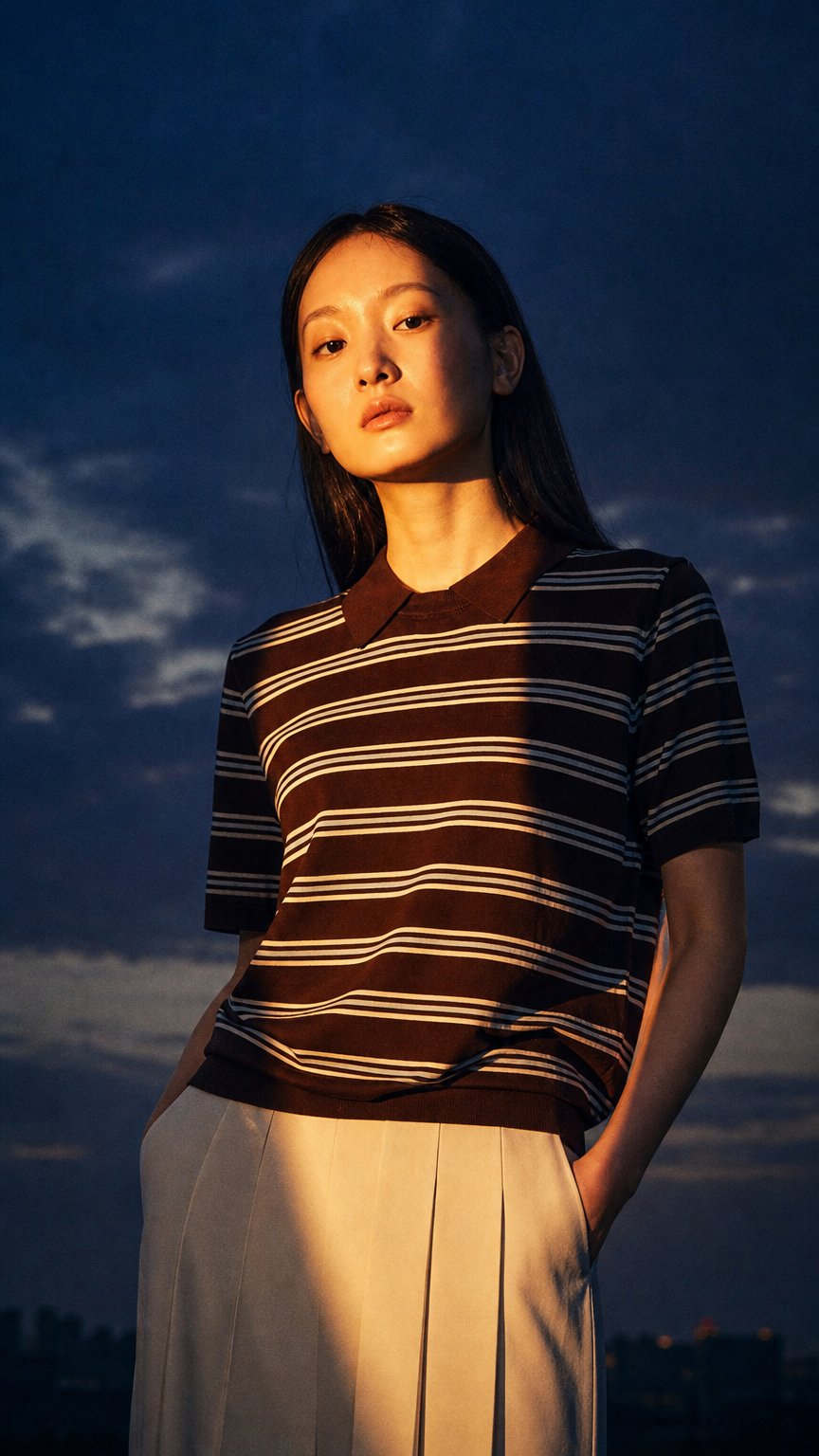 AI product shot of 스트라이프 폴로 반팔 티셔츠