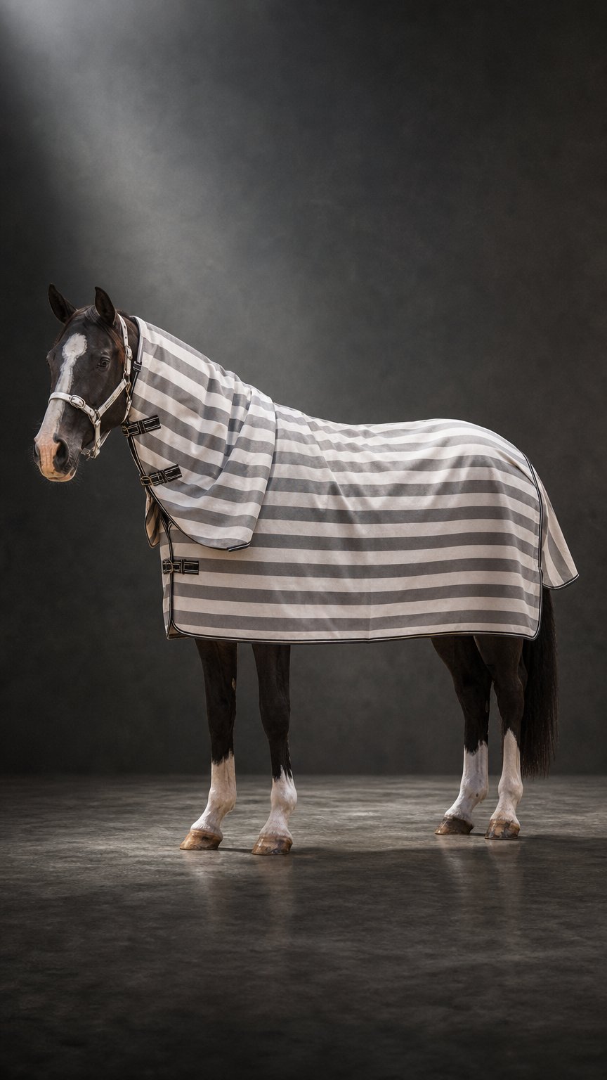 AI product shot of PVC Shade Mesh Neck Combo - Grey and White Stripes - DUE AUGUST 2026